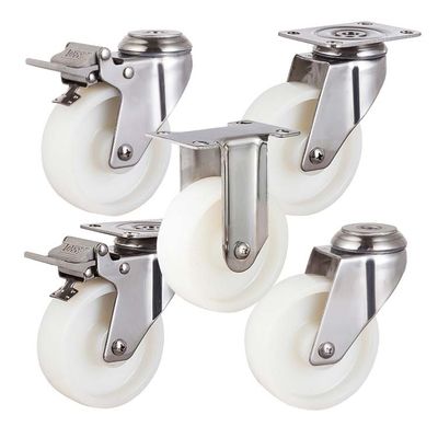 100mm White Solid Nylon Wheels 304 Stainless Steel Swivel Casters With Brakes Wholesales